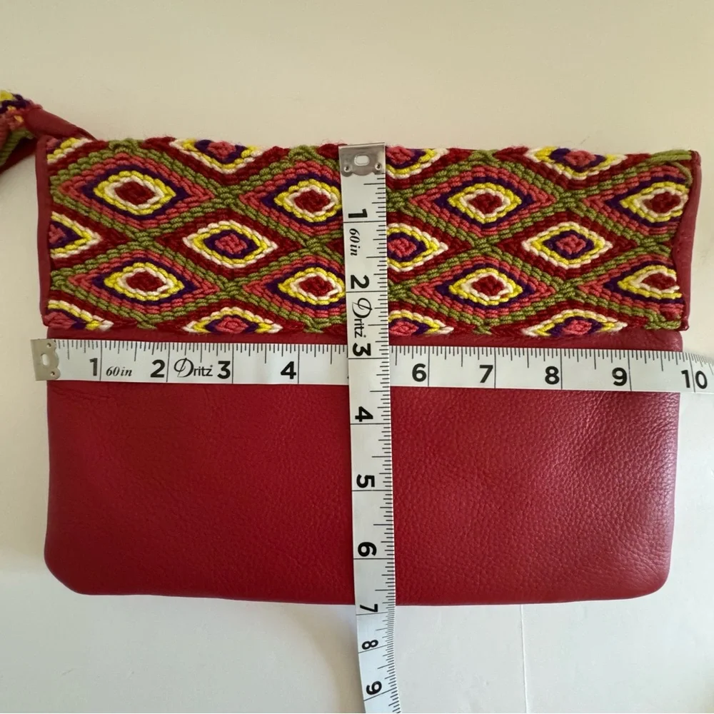 Fiori Coleccion Red Leather Embroidered Geometric Tassel Clutch Pouch NWOT Boho